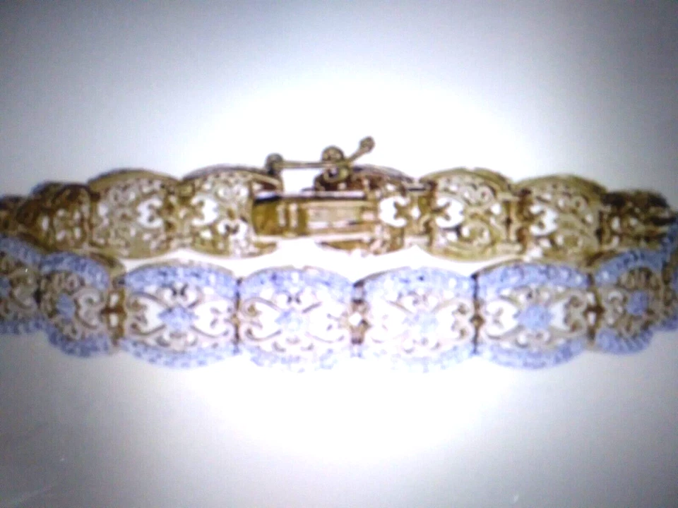 14K YELLOW  GOLD  CLAD FILAGREE  REAL DIAMOND TENNIS BRACELET  7.25 IN + bonus - Image 1 of 1