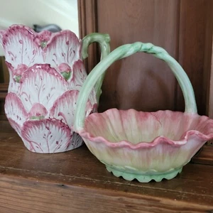 Jarra y cuenco de cerámica esmaltada floral conjunto de dos decoración rosa y verde - Imagen 1 de 10