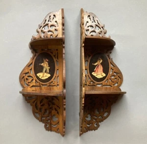 Pair antique wall shelves shelf folding shelf Sorrento goods olive wood with inlays - Picture 1 of 16