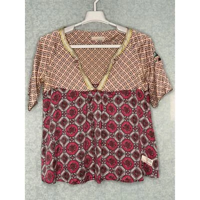 Odd Molly Silk Boho Baby Doll Top Size 2 Medium Burgundy Mix Print - Image 1 of 4