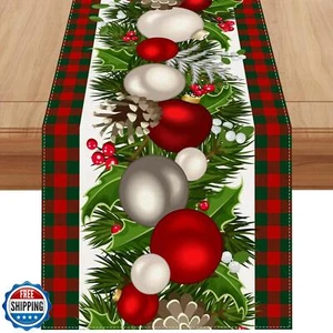 Jiudungs Linen Red and Green Buffalo Check Plaid Christmas Table Runner 90 In - Picture 1 of 5
