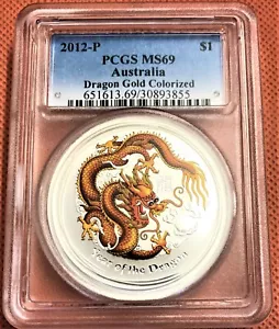 2012-P MS69 PCGS $1 AUSTRALIA DRAGON GOLD COLORIZED, SILVER 1 TROY OZ COIN - Picture 1 of 2