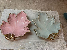 Vintage MCM Pair Of Pottery Pink Blue Maple Leaf Candy Dishes Awesome!
