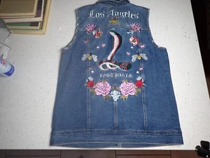 Womens Lost Girls Denim Vest Pacsun Los Angeles Embroidered Snake, NWT Med. - Picture 1 of 6