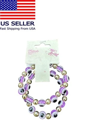 Juego de 2 brazaletes con cuentas elásticas Evil Eye púrpura  Foto 1 de 2