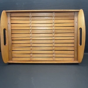Vintage handgefertigt leichtes Bambus Rattan Serviertablett 14"" x 10"" mit Griffen - Bild 1 von 6