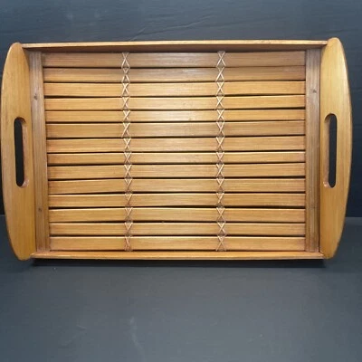Vintage Handmade Lightweight Bamboo Rattan Serving Tray 14” X 10” With Handles - Image 1 of 4