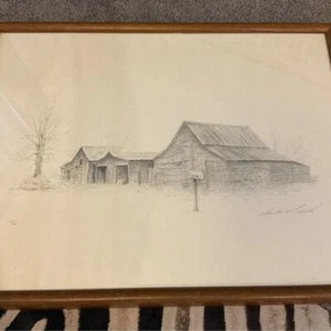 Vintage Lithograph Art Drawing Nature Landscape Log Cabin Barn Y2K Signed Framed - Picture 1 of 6