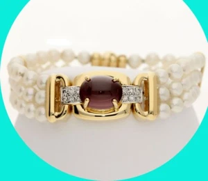 Diamond Garnet Contemporary 3 Strand Pearl Bracelet 8.2CT 18K YG 6.5” Long - Picture 1 of 8