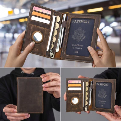 Genuine Leather Passport Holder With RFID Blocking AirTag/Coin/Pen Slot Travel - Image 1 of 4