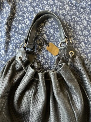 FURLA Leather Black Bucket  Purse Handbag eyelet drawstring with clochette ITALY - Image 1 of 4