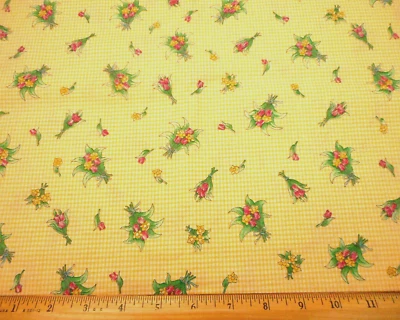 Floral Fabric By Yard SALE Pink Yellow Grn on Yellow White Checks Cotton Vtg #PC - Image 1 of 2
