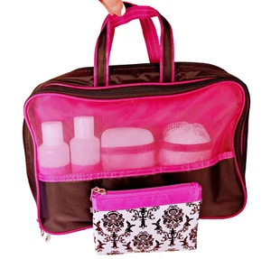 Travel Set Bag Toiletry Cosmetic Makeup Pouch Pink Black Bottles Bath Pouf 6 Pcs - Picture 1 of 8