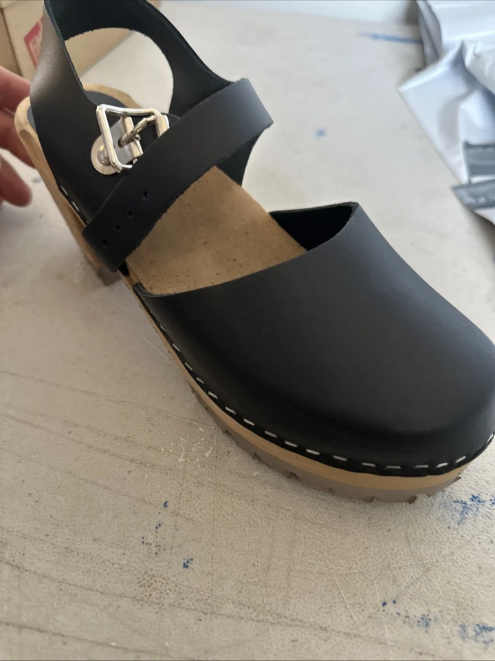 MIA Abba Clog Shoe Black Leather Slingback Swedish Heel Sandals Womens 39 / 9 US - Image 1 of 4