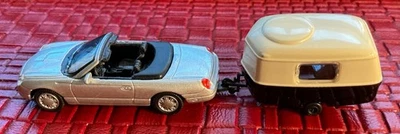 RTR 1/87 HO Malibu Mercedes-Benz SLK CONVERTIBLE/ caravan camper TRAVEL trailer - Image 1 of 4