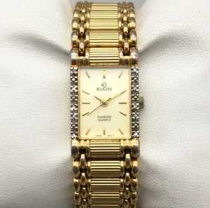 Elgin Diamond Tank Uhr Damen 17 mm goldfarben rechteckiges Zifferblatt neue Batterie 7,25" - Bild 1 von 15