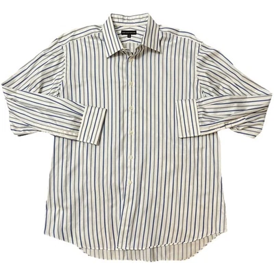 Camisa para hombre Hart Schaffner Marx 17 35 blanco azul a rayas 100 % algodón sin planchar Foto 1 de 2