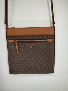 Michael Kors Women Jet Set Charm Large Flat Crossbody Bag Brown MK Zipper Strap - Picture 1 of 15