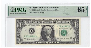 Fr. 1902-L (LG Block) 1963B $1 BARR Note FRN PMG 65 EPQ - Picture 1 of 2