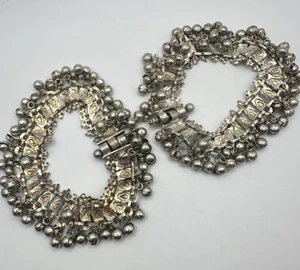 Old Antique SilverTone Bells Anklets Pair Dance Tribal Screw Clip Unsigned READ - Picture 1 of 24