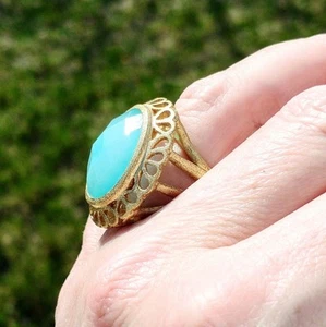 Rivka Friedman Bold Gold Clad Ring Faux Turquoise & Crystal Doublet S8 - Picture 1 of 15
