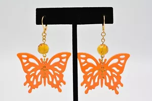 Butterfly Dangle Earrings Orange Lucite Rhinestone Crystal Gold Tone Tone BinH - Picture 1 of 12