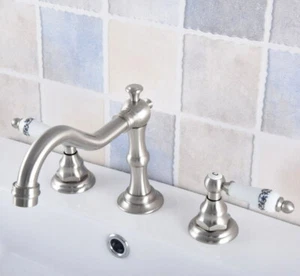 Brushed Nickel Widespread Bathroom Sink Faucet 3 Hole Basin Mixer Tap mnf690 - Picture 1 of 7