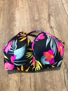 Shade & Shore SZ34D Underwire Bikini Top Black Pink Tropical Floral Strappy A24 - Picture 1 of 5