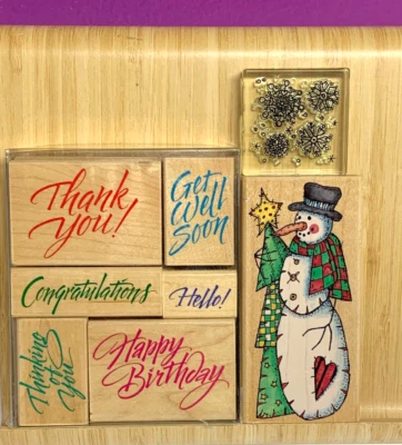 Lote 8 Álbum de Recortes SELLO DE GOMA Muñeco de Nieve Montado Copo de Nieve Héroe Artes Gracias Hola Foto 1 de 2