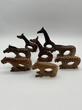 8 Vtg Carved Wood African Safari Animal Wooden Napkin Ring Holder Lot Set Footed