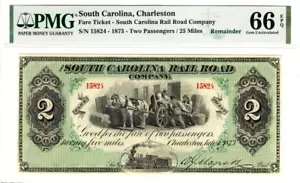 1873 $2 State of South Carolina Rail Road PMG Gem Unc.66 EPQ- WOW STUNNING RARE! - Picture 1 of 13