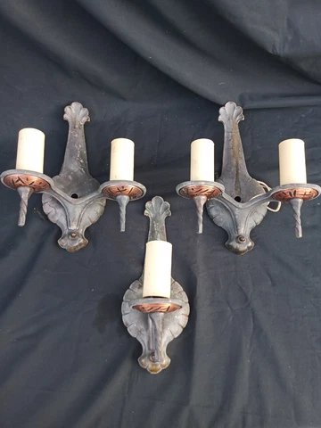 Vtg Pair Set 3 Spanish Monterey California Revival Wall Sconce 10.5" 30's Iron Cover