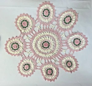 Vintage Hand Crocheted Doily Pink White Green Rose Floral Cottagecore 27 in MCM - Picture 1 of 7