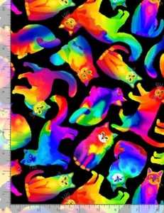 Animal Fabric | Timeless Treasures Digital Bright Rainbow Cat Toss Black | Yard - Picture 1 of 1