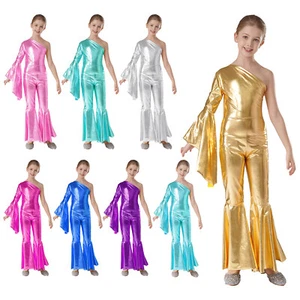 Kids Girls Dance Jumpsuit 1Psc Romper Wide Leg Shiny Metallic Bodysuit - Picture 1 of 78