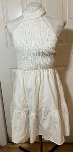 NWT Size L Halter Tie Dress 4S1ENNAI Smocked Lined Ruffle Solid White 2 Pockets - Bild 1 von 7