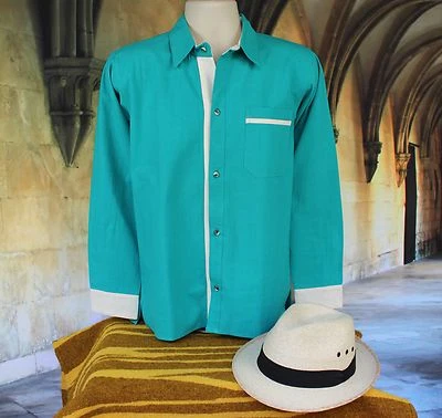 Латиноамериканская мужская рубашка гуаябера бирюза и кремовый длинным рукавом из Мексики - Изображение 1 из 4