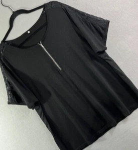Markenlos Damen Top 2X Schwarz Kurzarm 1/4 Reißverschluss Spitze Schulter Daunen Ärmel - Bild 1 von 14