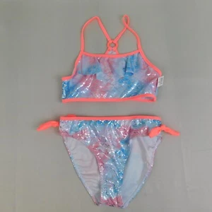 Girls Metallic Mermaid Ruffle & Bow 2-Piece Bikini Swimsuit 10-12 Large #4633 - Picture 1 of 8