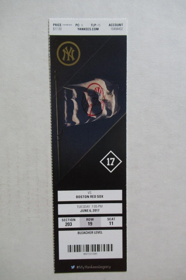 ПОЛНЫЙ БИЛЕТ NEW YORK YANKEES VS RED SOX 6/6/2017 ~ RAMIREZ/BENINTENDI+ HRs - Изображение 1 из 1