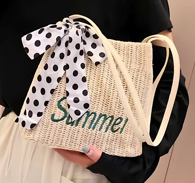 Bolso de Mano Bucket de Paja de Verano Bordado Bufanda de Seda Bolso de Hombro Coreano Foto 1 de 4