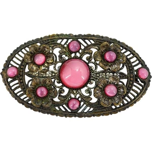 Spilla cabochon in vetro satinato rosa ceco CZECHO filigrana ottone 2,25” stile revival - Foto 1 di 5