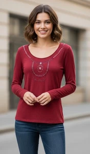 Weinrot Perlen Langarm Top - Damen Small - glitzernde Vintage Boho Bluse - Bild 1 von 12