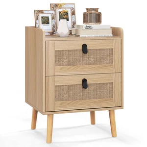 Nightstand Modern End Table Bedside Table with 2 Rattan Decorated Drawers - Picture 1 of 8