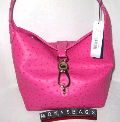 Bolso Hobo Dooney & Bourke Rosa Fucsia Avestruz Cuero Repujado Logo Bloqueo Nuevo con Etiquetas $358 Foto 1 de 4