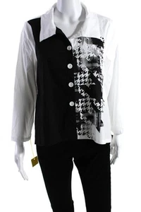 Sydney Womens Collared Long Sleeves Shirt White Black Print Cotton Size Small - Picture 1 of 5