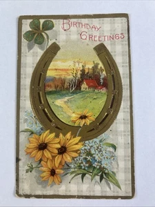 Birthday Greetings Vintage Postcard House In Horseshoe Clover Flowers - Picture 1 of 2