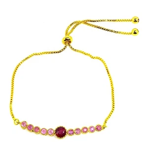GENUINE AAA BLOOD RED RUBY ROUND BRASS YELLOW GOLD PLATED BRACELET 5-9 INCH. - Picture 1 of 6