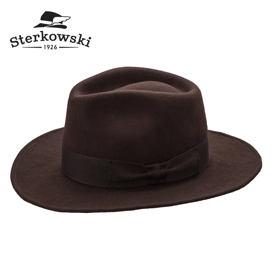 Sterkowski INDIANA Brown Wool Fedora Hat SZ 58/L Indiana Jones 3" Brim NOSWT AZB