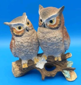 Vintage Lefton 2 Owls on Branch Figurine Porcelain 6" Grannycore #GG1726 Japan - Picture 1 of 9